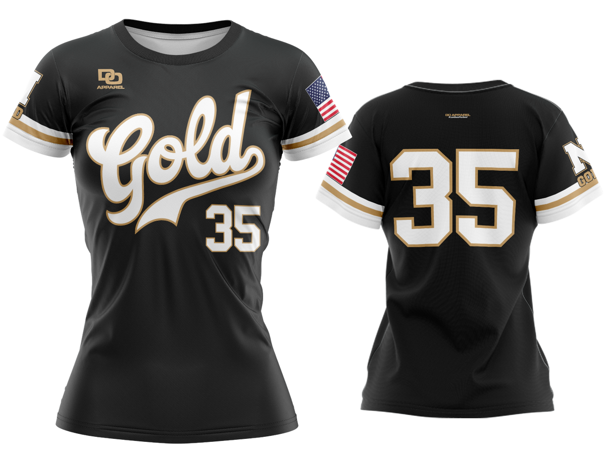 Custom Womens Crew Jersey - Black Gold Script